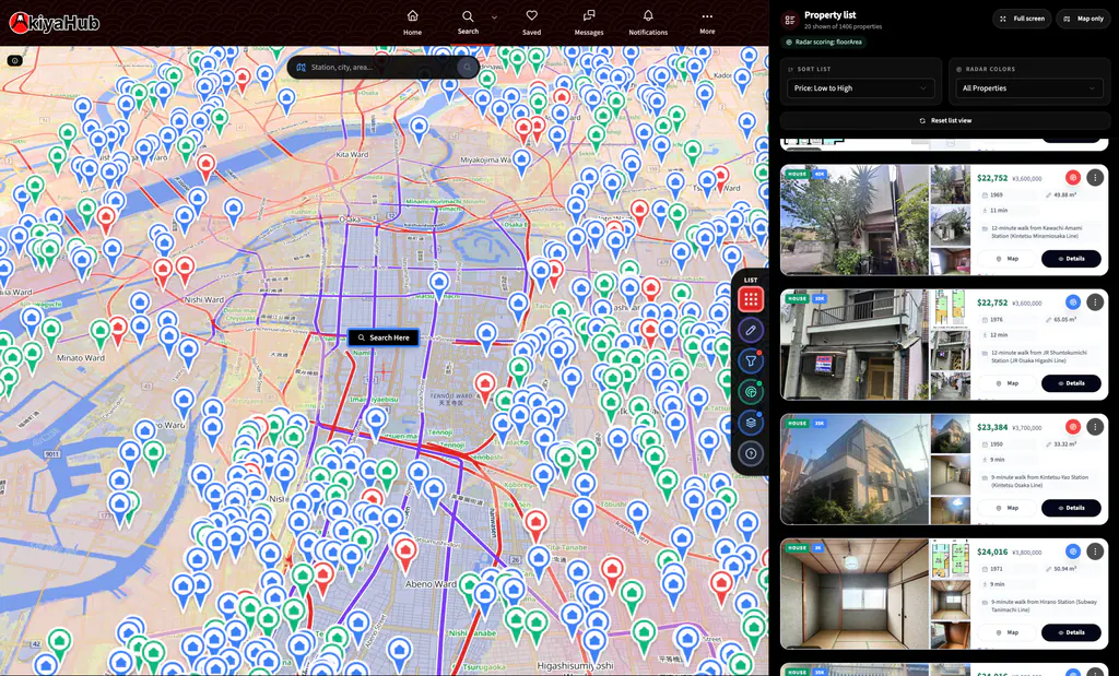 AkiyaHub Map Search with the property list open: scored listings on the map with prices and details for each home